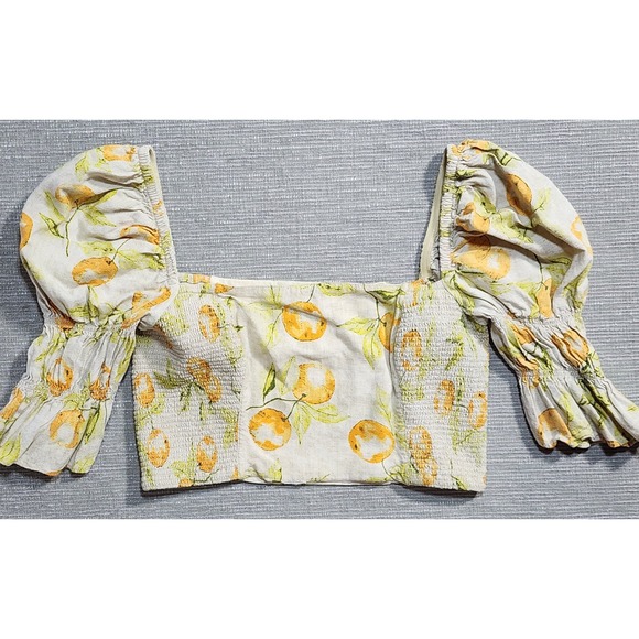 Urban Outfitters Tops - Urban Outfitters Orange Citrus Print Smocked Crop Top Puff Sleeve Linen Blend M